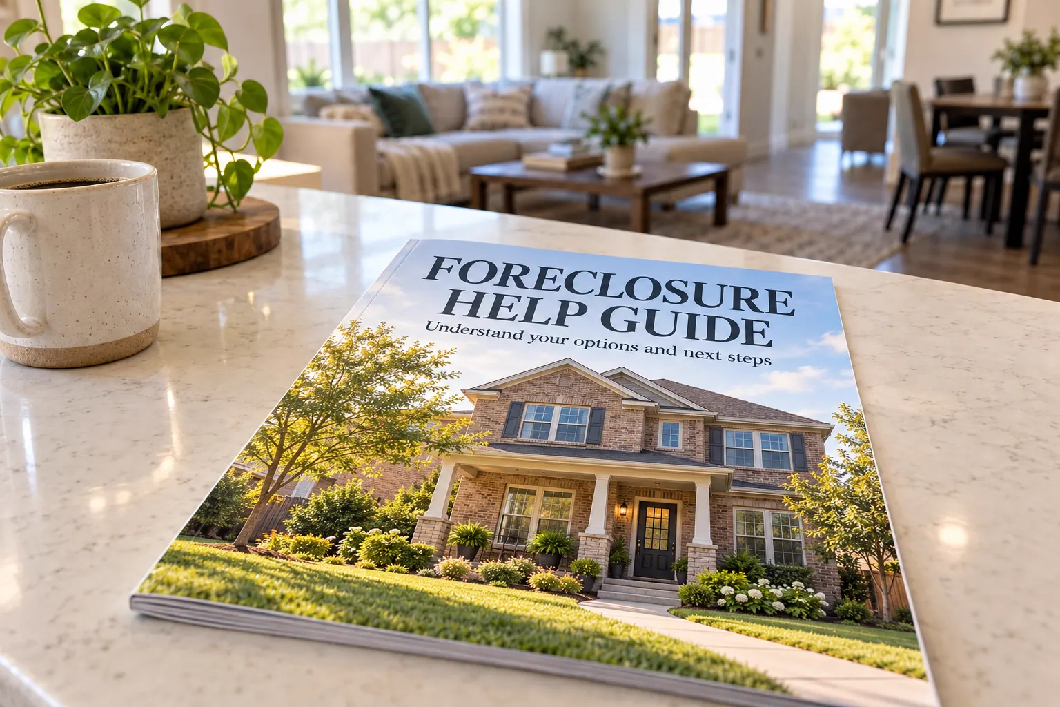 The Foreclosure Help Guide on a kitchen island