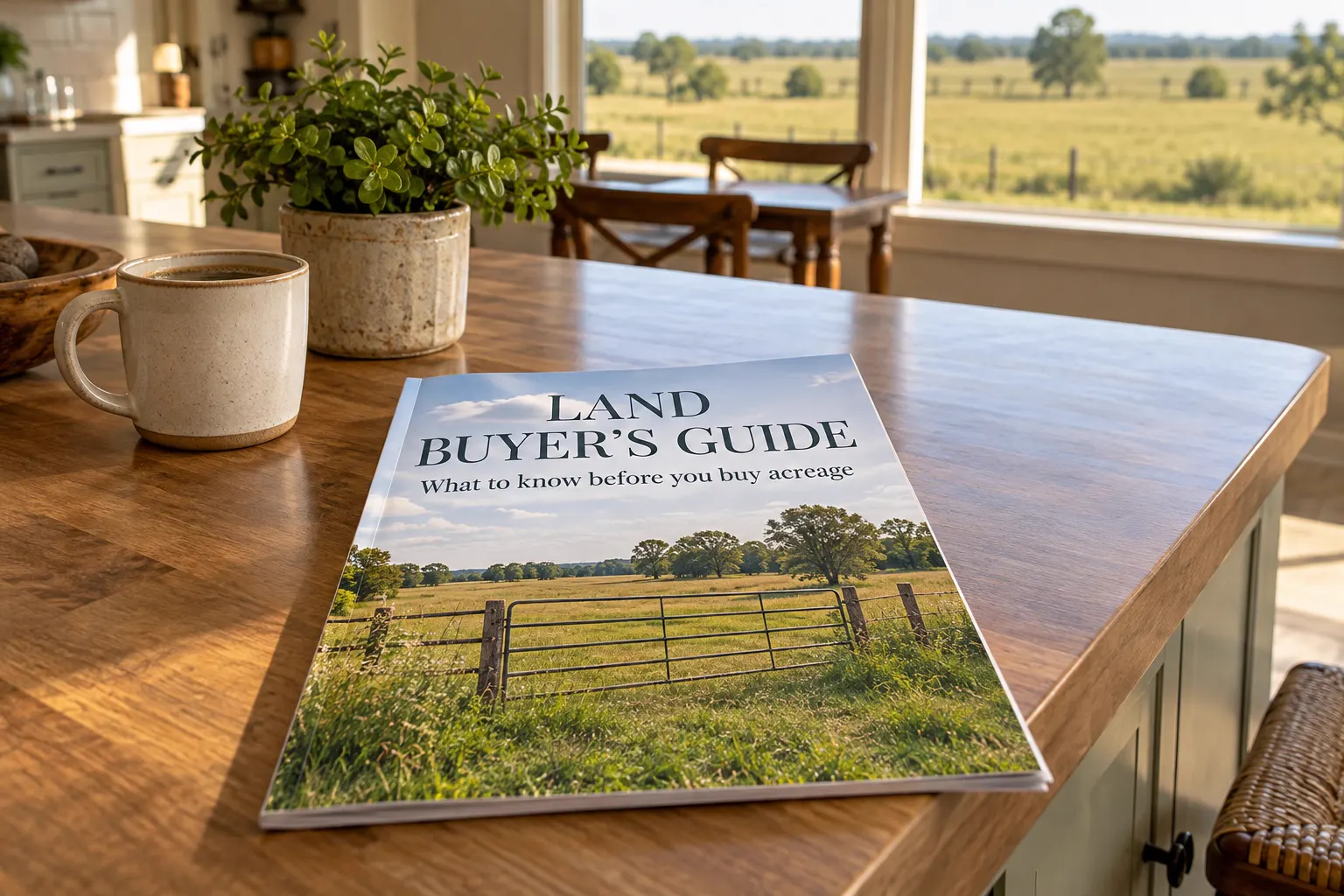 The Land Buyer’s Guide on a farmhouse kitchen island