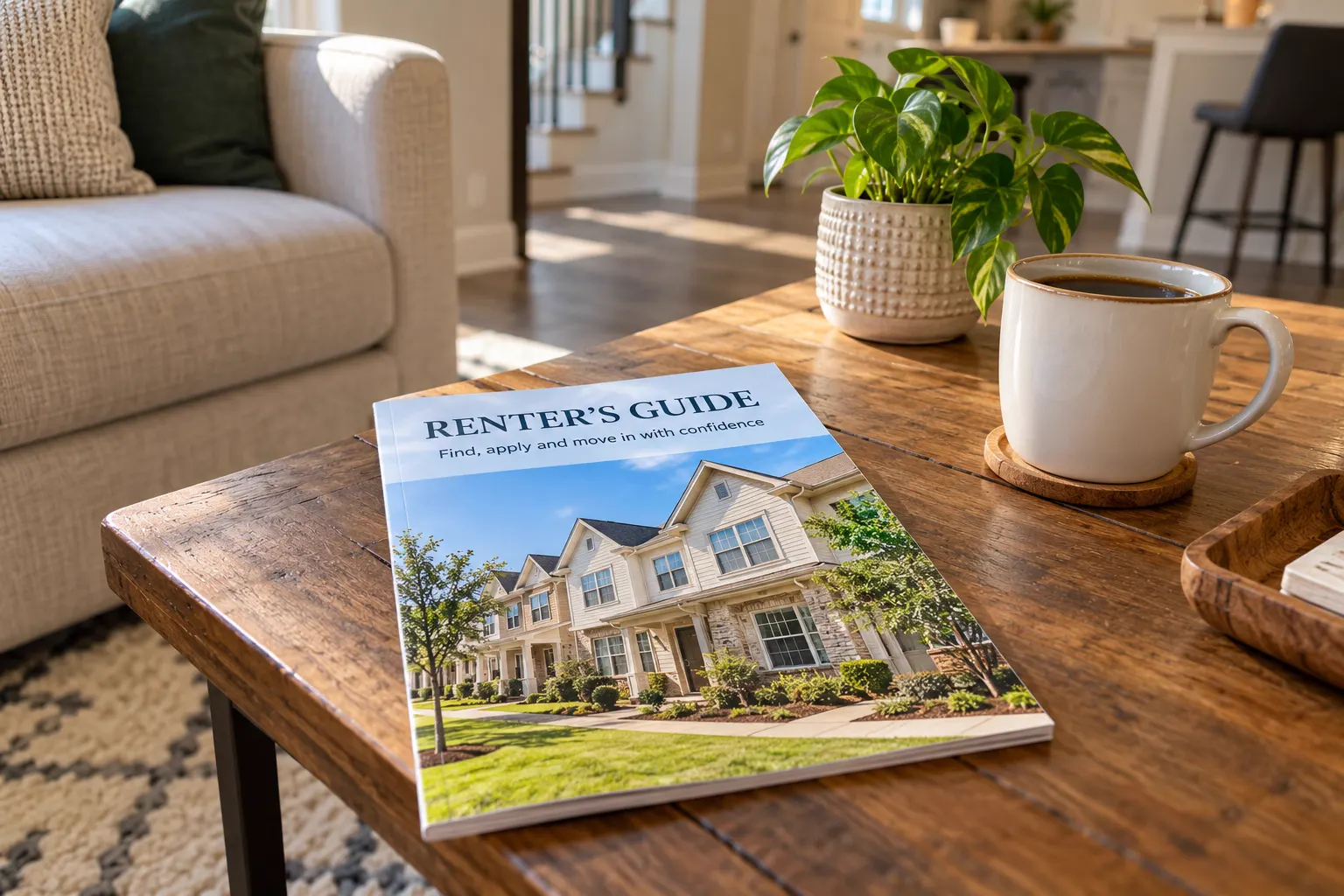 The Renter’s Guide on a living room coffee table