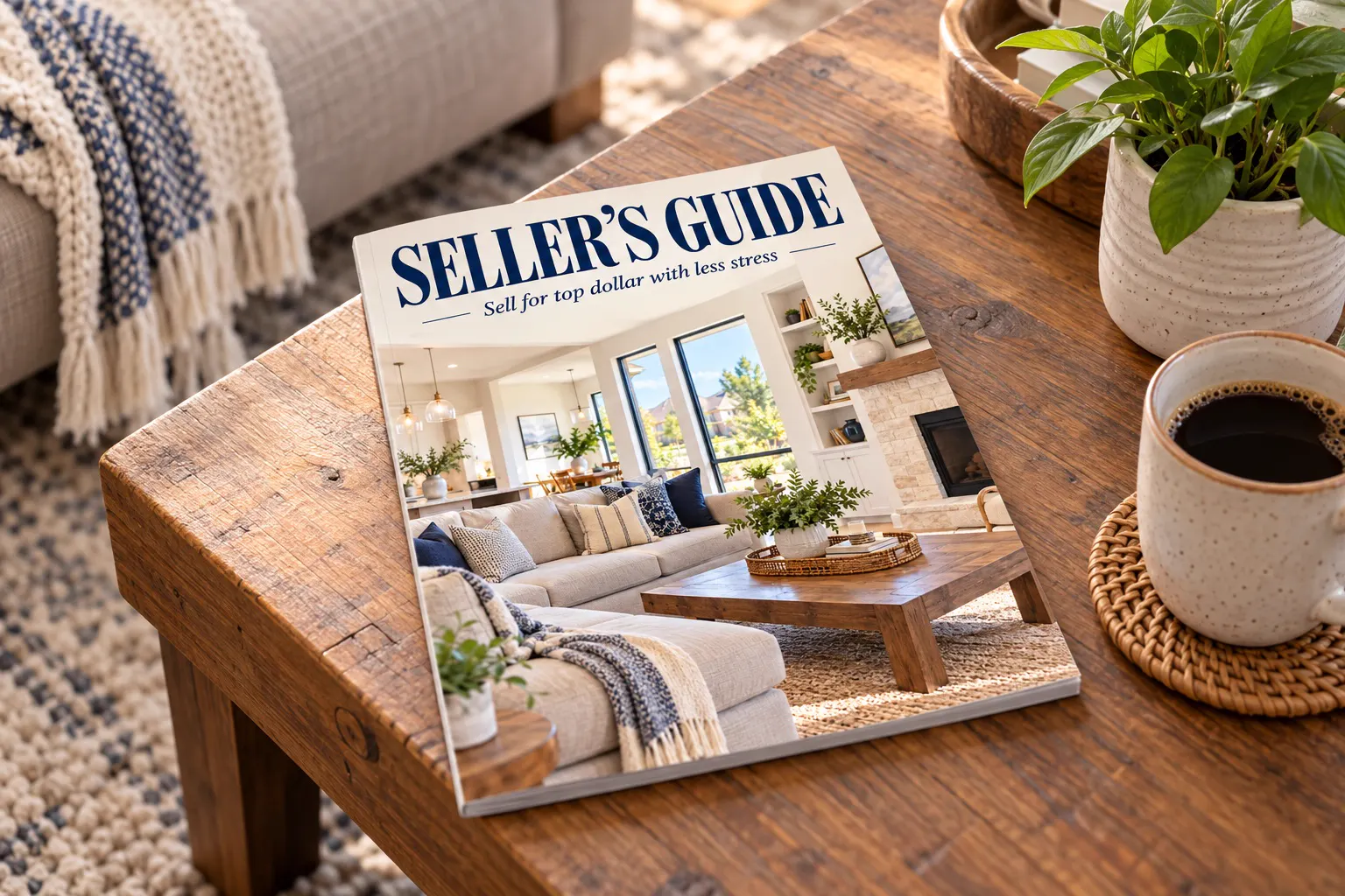 The Seller’s Guide magazine on a living room coffee table